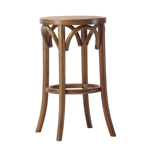 Antique wood stool with rattan seat