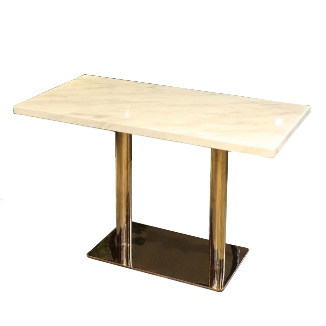 Rectangular metal base dining table with marble top