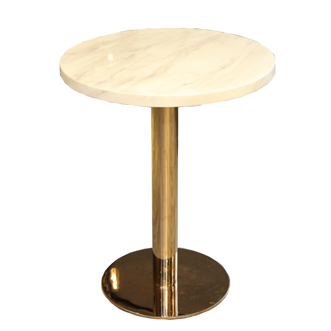 Round metal base dining table with marble top